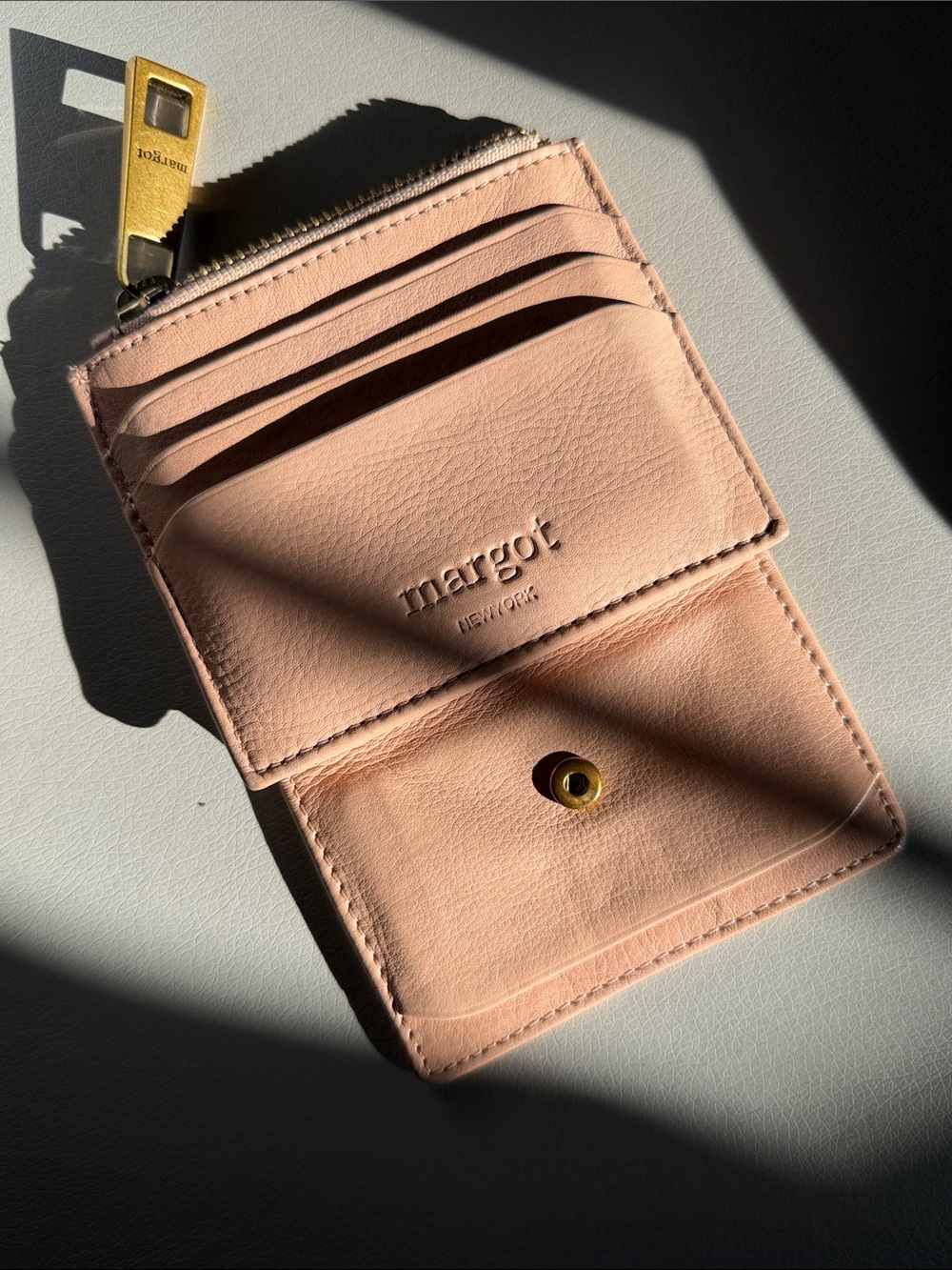 margot Blush Pink Leather Card Holder with Gold Snap